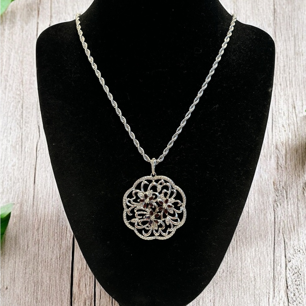 Ross-Simons Sterling Silver Garnet & Diamond Pendant Necklace 24”